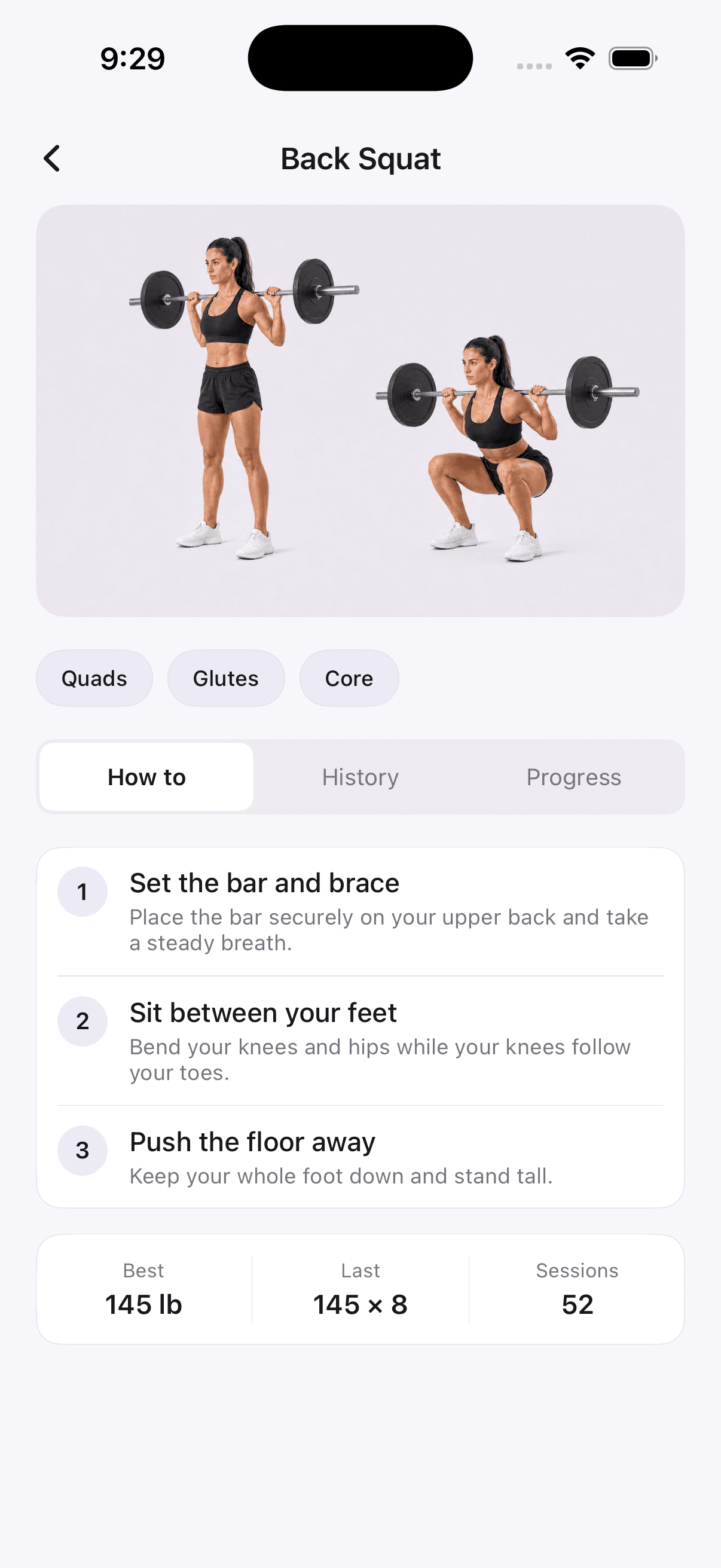 Pretty Strong: Back squat exercise tracking in the Pretty Strong workout app