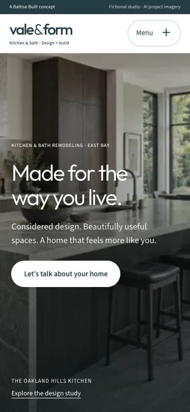 Vale & Form homepage on mobile