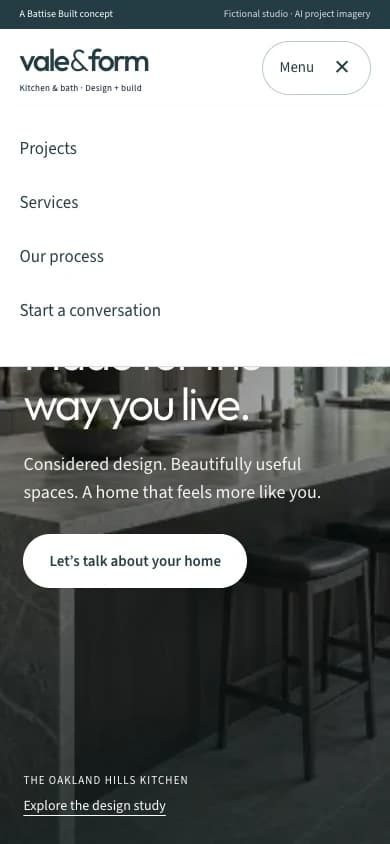 Vale & Form expanded mobile navigation